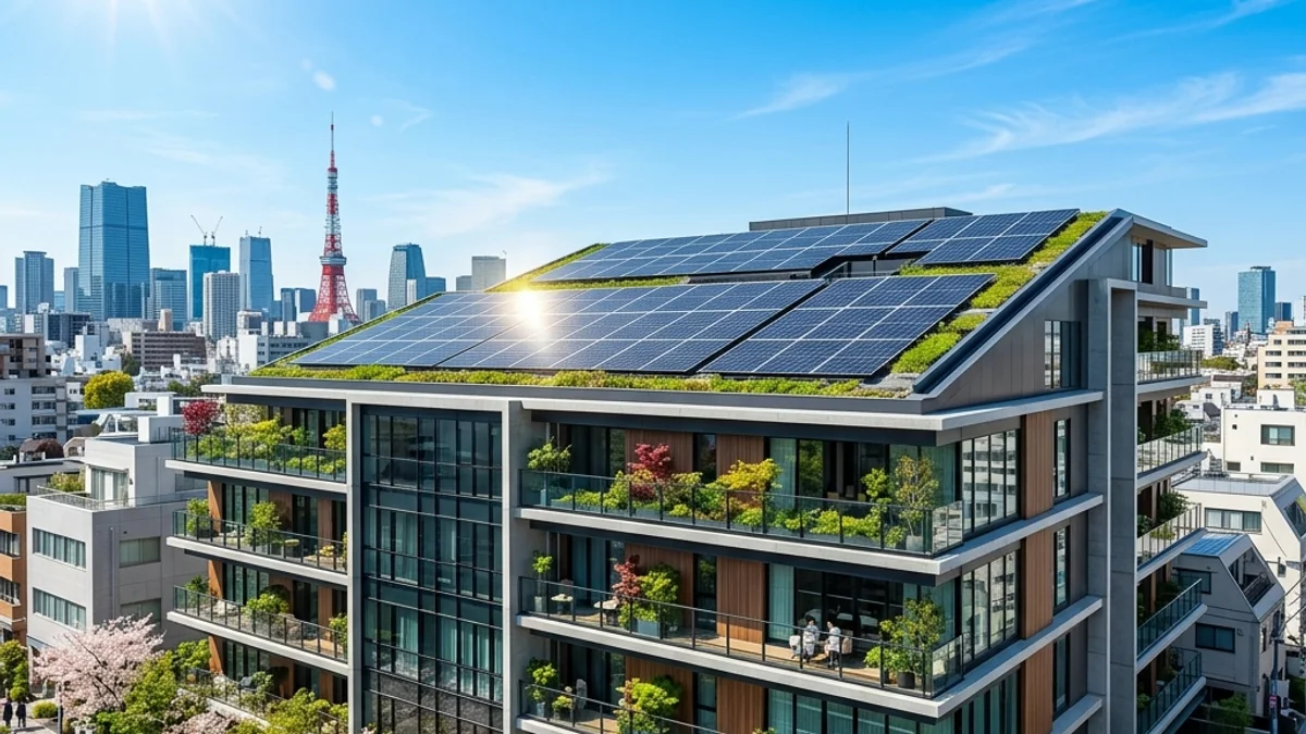 都市型マンションの屋上に太陽光パネルを設置したイメージ